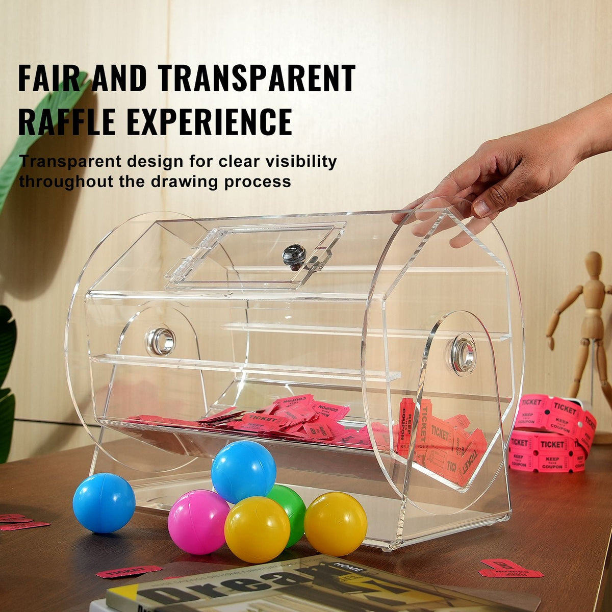 Acrylic Raffle Drum,Professional Raffle Ticket Spinning Cage with 2 Keys, Transparent Lottery Spinning Drawing, Holds 5000 Tickets or 200 Raffle Balls, Raffle Ticket Box for Lottery Games Bingo