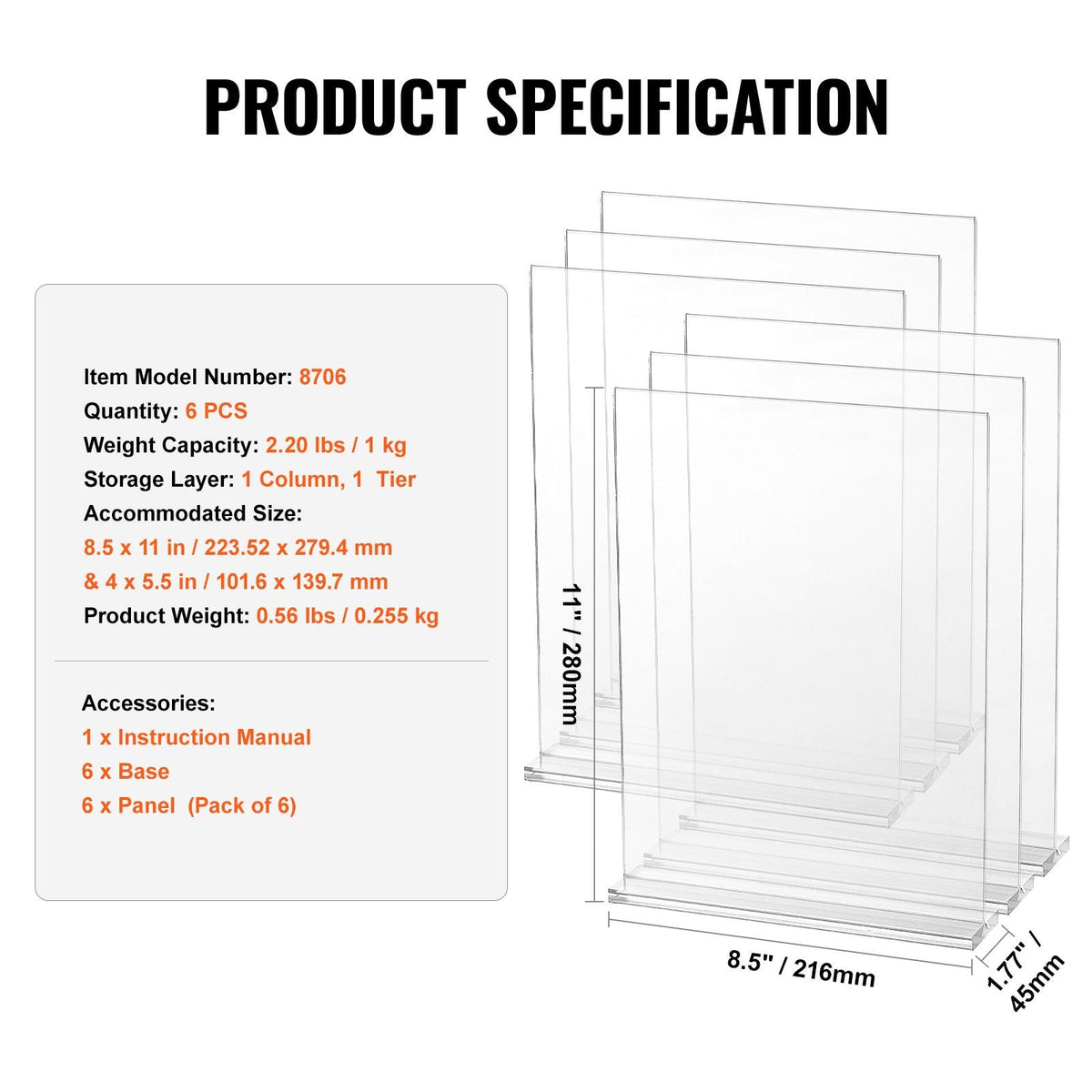 Acrylic Sign Holder, 6 Pack 8.5 x 11-inch Brochure Display Holders, T-Shape Double Sided Display Sign Stand, Clear Acrylic Table Menu Photo Paper Holder for Restaurant Office Wedding Bar
