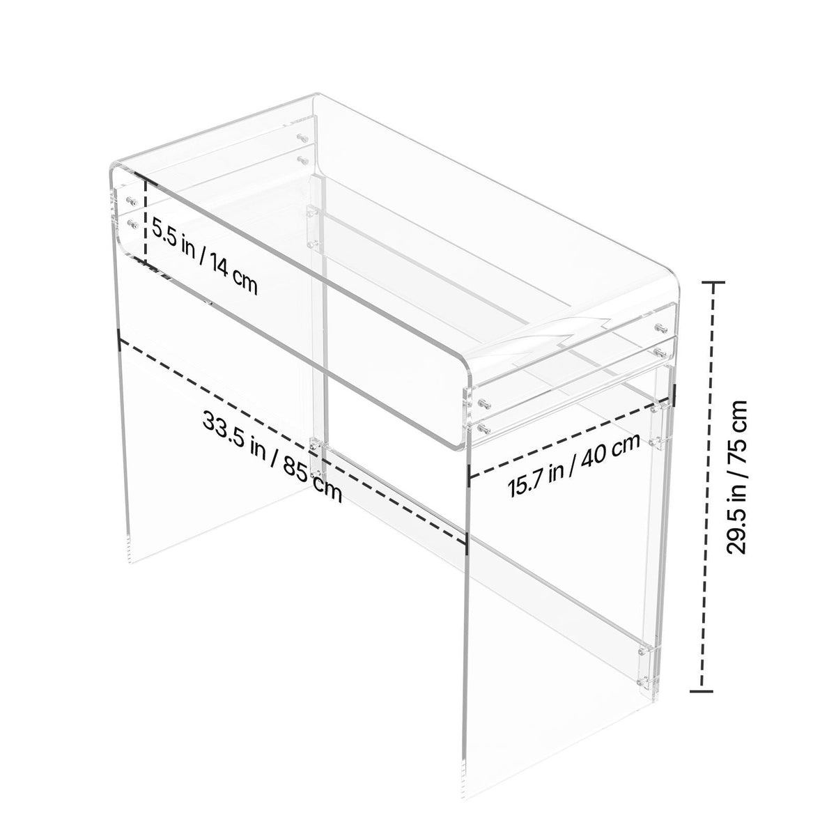 Acrylic Table, 2 Tiers Clear End Table with Storage Shelf, Modern Rectangle Acrylic Side Desk, Transparent Thick Desk Nightstand for Bedroom, Office, Living Room, 15.7 x 33.5 x 29.5 in (Clear)