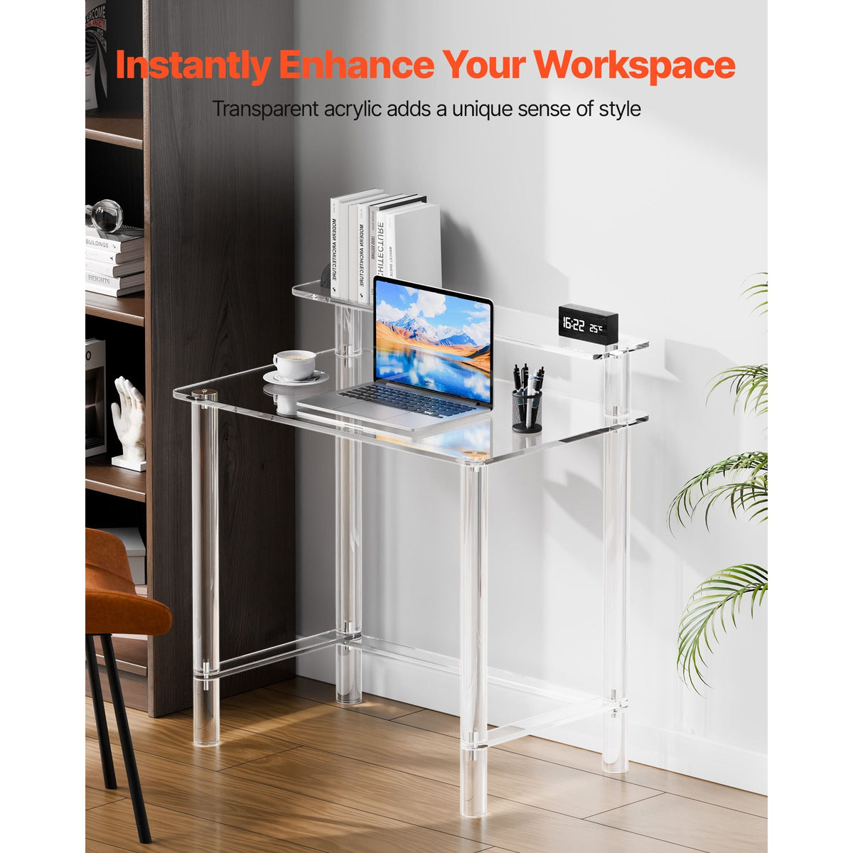 Acrylic Table, 2 Tiers Clear Office Desk with Monitor Stand, Acrylic Study Computer Desk, Modern Side End Table Nightstand for Bedroom, Office, Study, Cloakroom, 19.7 x 31.5 x 34.7 in (Clear)