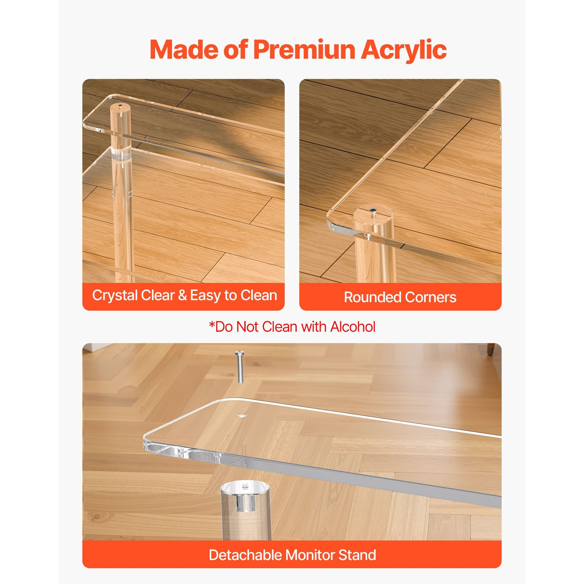 Acrylic Table, 2 Tiers Clear Office Desk with Monitor Stand, Acrylic Study Computer Desk, Modern Side End Table Nightstand for Bedroom, Office, Study, Cloakroom, 19.7 x 31.5 x 34.7 in (Clear)