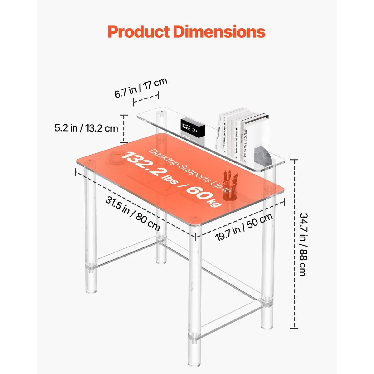 Acrylic Table, 2 Tiers Clear Office Desk with Monitor Stand, Acrylic Study Computer Desk, Modern Side End Table Nightstand for Bedroom, Office, Study, Cloakroom, 19.7 x 31.5 x 34.7 in (Clear)