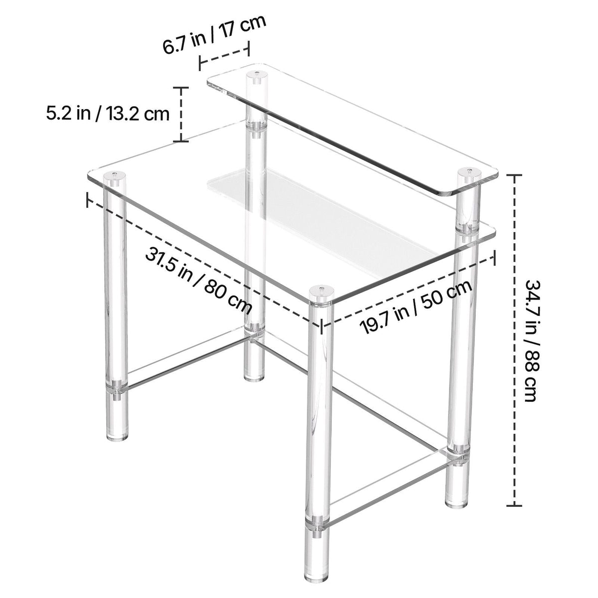 Acrylic Table, 2 Tiers Clear Office Desk with Monitor Stand, Acrylic Study Computer Desk, Modern Side End Table Nightstand for Bedroom, Office, Study, Cloakroom, 19.7 x 31.5 x 34.7 in (Clear)