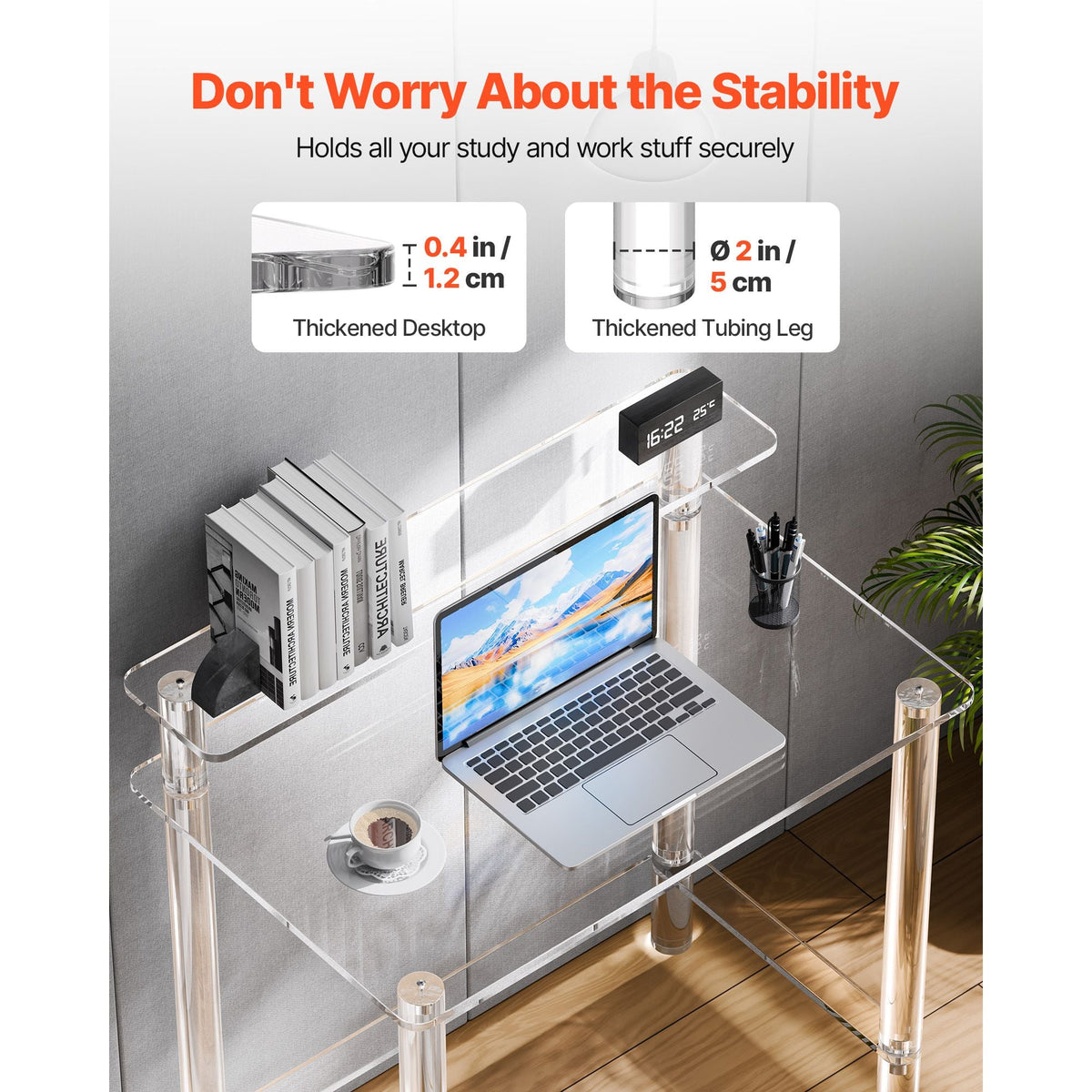 Acrylic Table, 2 Tiers Clear Office Desk with Monitor Stand, Acrylic Study Computer Desk, Modern Side End Table Nightstand for Bedroom, Office, Study, Cloakroom, 19.7 x 31.5 x 34.7 in (Clear)