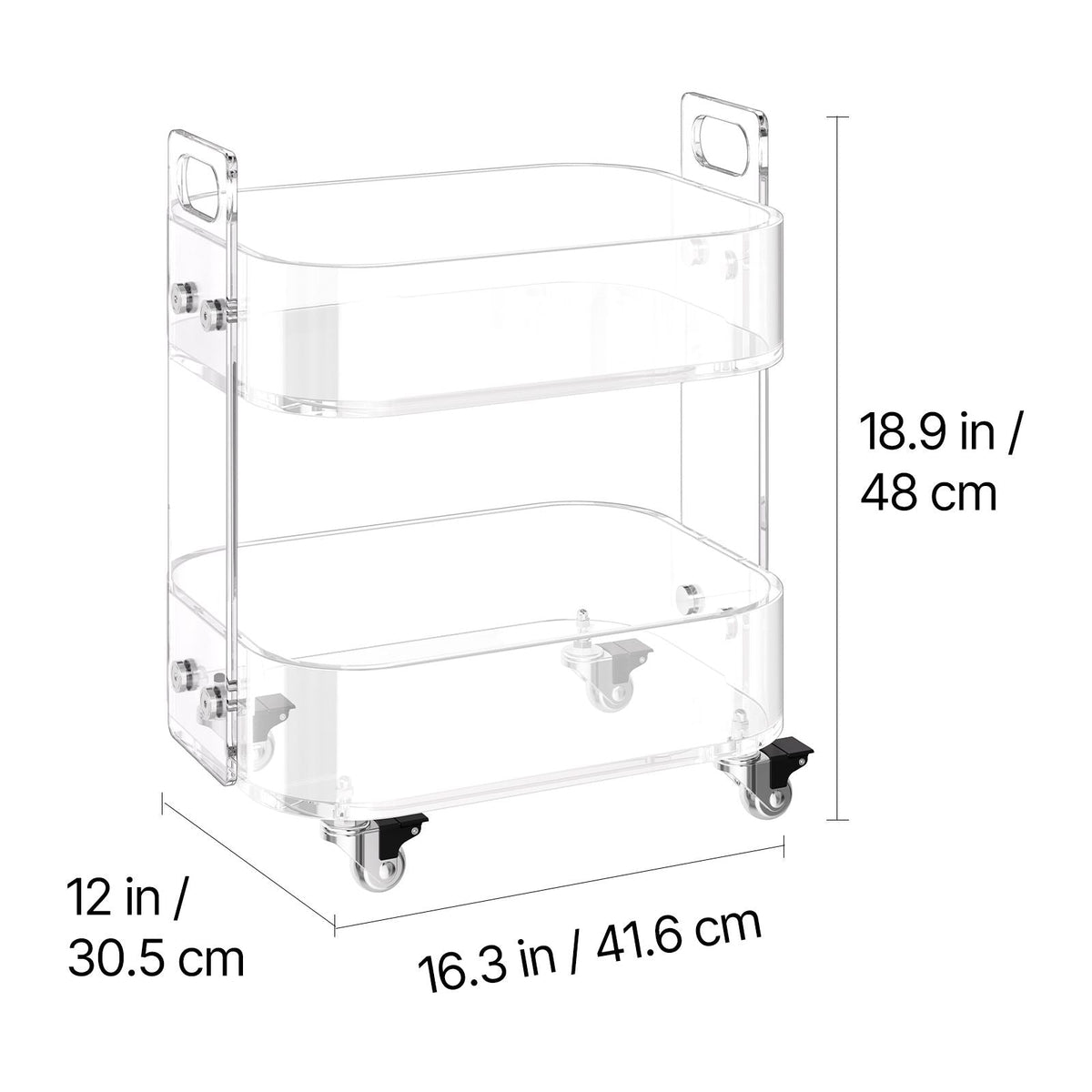 Acrylic Table with Wheels, 2 Tiers Mobile Cart Table, Modern Rolling Acrylic Storage Desk, Clear Nightstand Side End Desk, for Living Room, Bedroom, Bar, Office, 12 x 16.3 x 18.9 in (Clear)