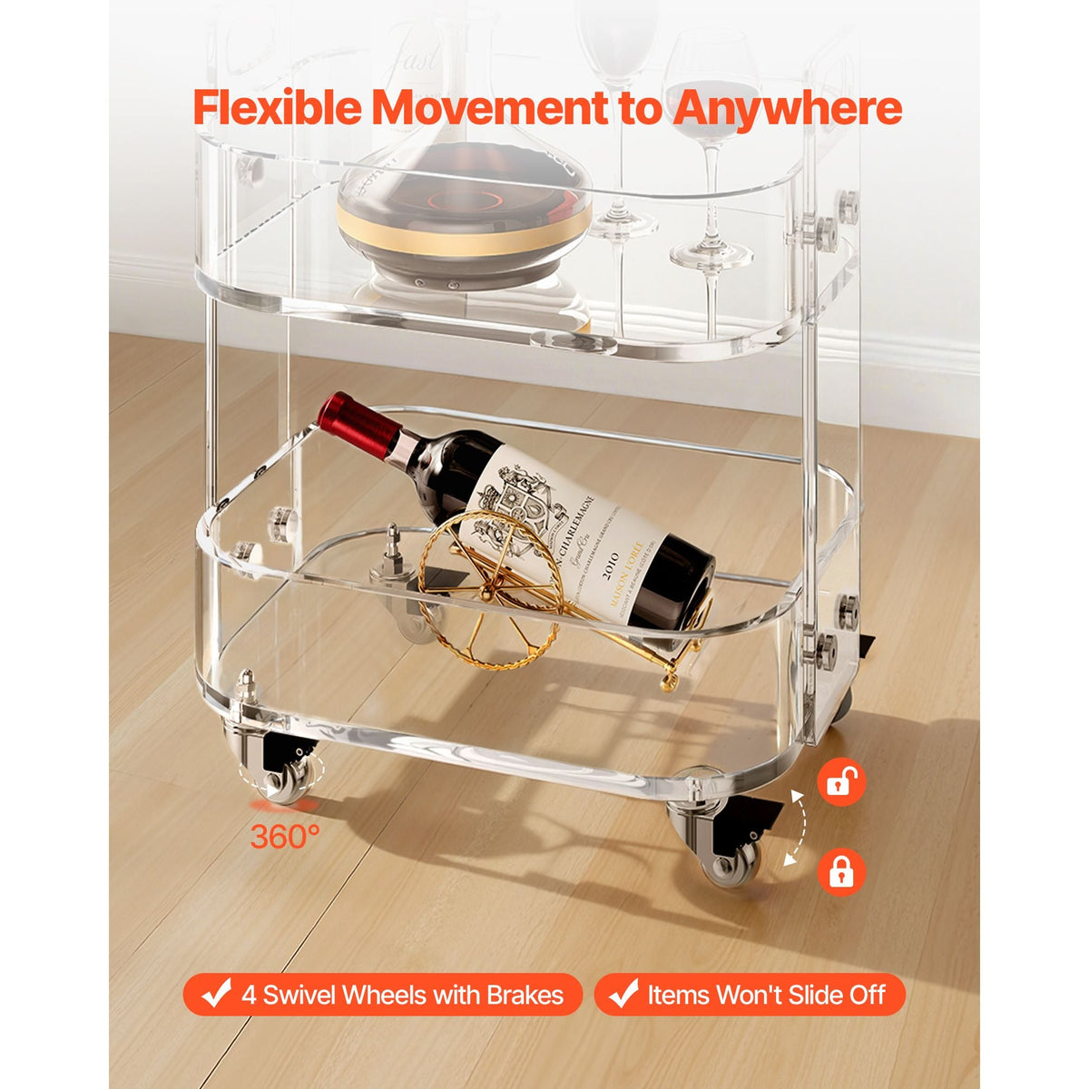 Acrylic Table with Wheels, 2 Tiers Mobile Cart Table, Modern Rolling Acrylic Storage Desk, Clear Nightstand Side End Desk, for Living Room, Bedroom, Bar, Office, 12 x 16.3 x 18.9 in (Clear)