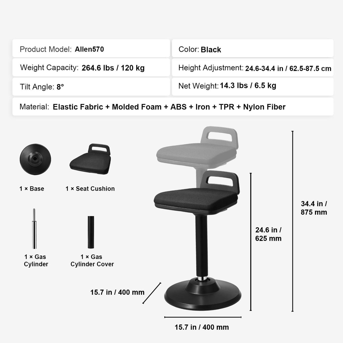 Active Chair with Handle, Height-Adjustable (24.6-34.4") Wobble Chair Made of Elastic Fabric & 45 mm Foam, Ideal for Schools, Office and Home, 8° Tilt Angle, Age 12-18, Black