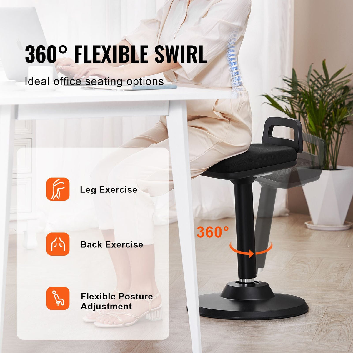Active Chair with Handle, Height-Adjustable (24.6-34.4") Wobble Chair Made of Elastic Fabric & 45 mm Foam, Ideal for Schools, Office and Home, 8° Tilt Angle, Age 12-18, Black