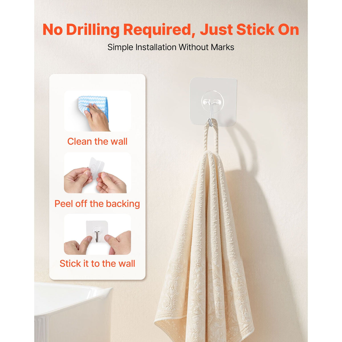 Adhesive Hooks, 12 Pack Self-Adhesive Towel Coat Hooks, Heavy-Duty Wall Hook Hold 15 lbs (Max), Stainless Steel Sticky Hanger, for Bathroom, Kitchen, Hanging Towel, Coat & Keys (Transparent)