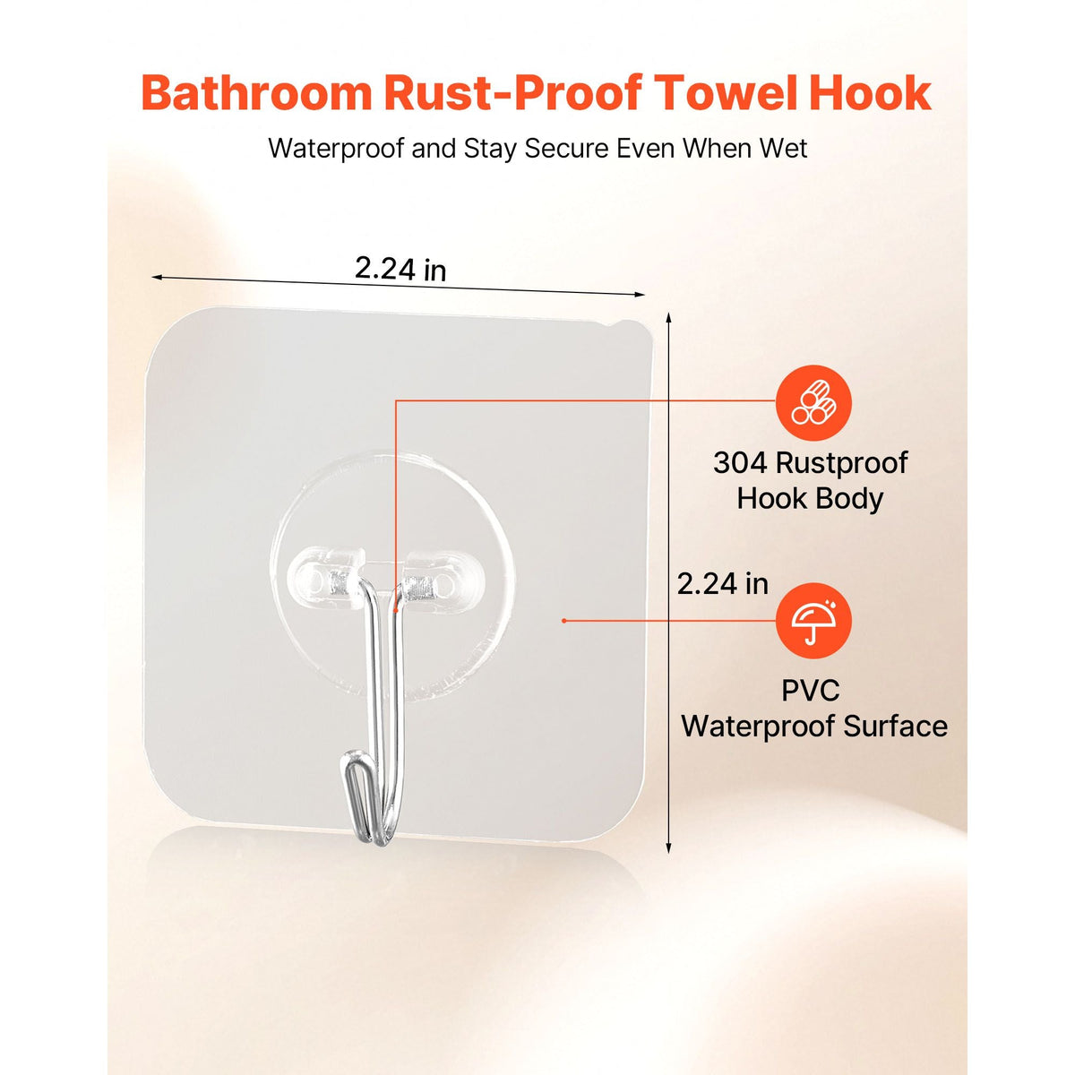 Adhesive Hooks, 12 Pack Self-Adhesive Towel Coat Hooks, Heavy-Duty Wall Hook Hold 15 lbs (Max), Stainless Steel Sticky Hanger, for Bathroom, Kitchen, Hanging Towel, Coat & Keys (Transparent)