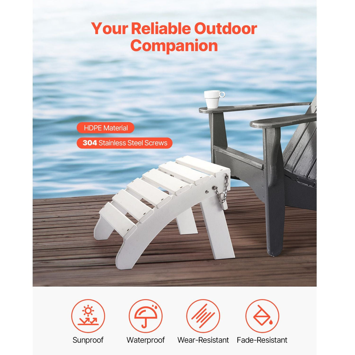 Adirondack Ottoman, 17.7L x 19.7W x 13.8H Inch HDPE Plastic Folding Adirondack Ottoman, Weather-Resistant Foot Rest for Adirondack Chair, Widely Used for Outside Porch Pool Lawn Backyard, White