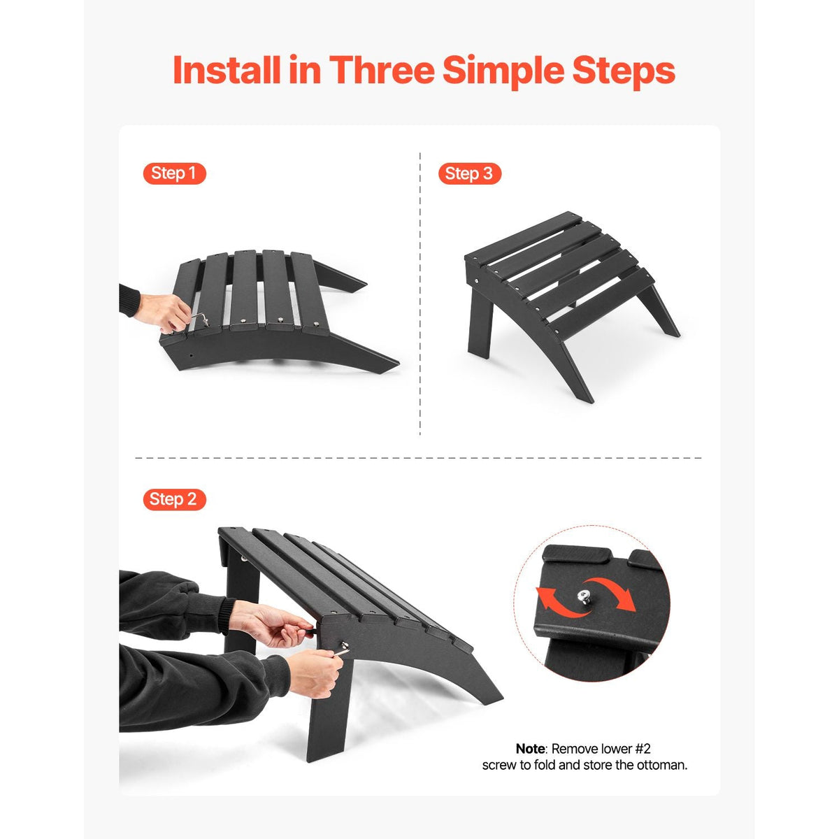 Adirondack Ottoman, 18.7L x 19.7W x 13H Inch HDPE Plastic Folding Adirondack Ottoman, Weather-Resistant Foot Rest for Adirondack Chair, Widely Used for Outside Porch Pool Lawn Backyard, Black