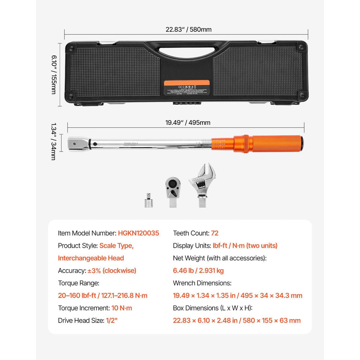 Adjustable Click Torque Wrench, 1/2 Inch Drive, 20-160 lbf-ft/27.1-216.8 N.m, Dual-direction and Dual Range Scales, 72-Tooth, ±2% Precision, with Adapter Interchangeable Jaw and Ratchet Head