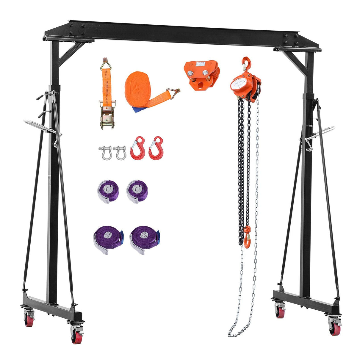 Adjustable Gantry Crane, 2200 lbs Capacity, Portable Shop Lift Hoist with 95.7-142.9 in Height Adjustable, Manual Trolley, Hoist, Sling, Shackles, Hooks, for Garage Factory Warehouse Auto Repair