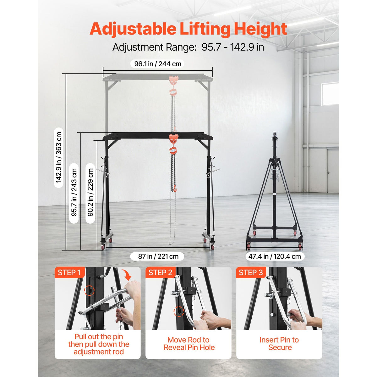 Adjustable Gantry Crane, 2200 lbs Capacity, Portable Shop Lift Hoist with 95.7-142.9 in Height Adjustable, Manual Trolley, Hoist, Sling, Shackles, Hooks, for Garage Factory Warehouse Auto Repair