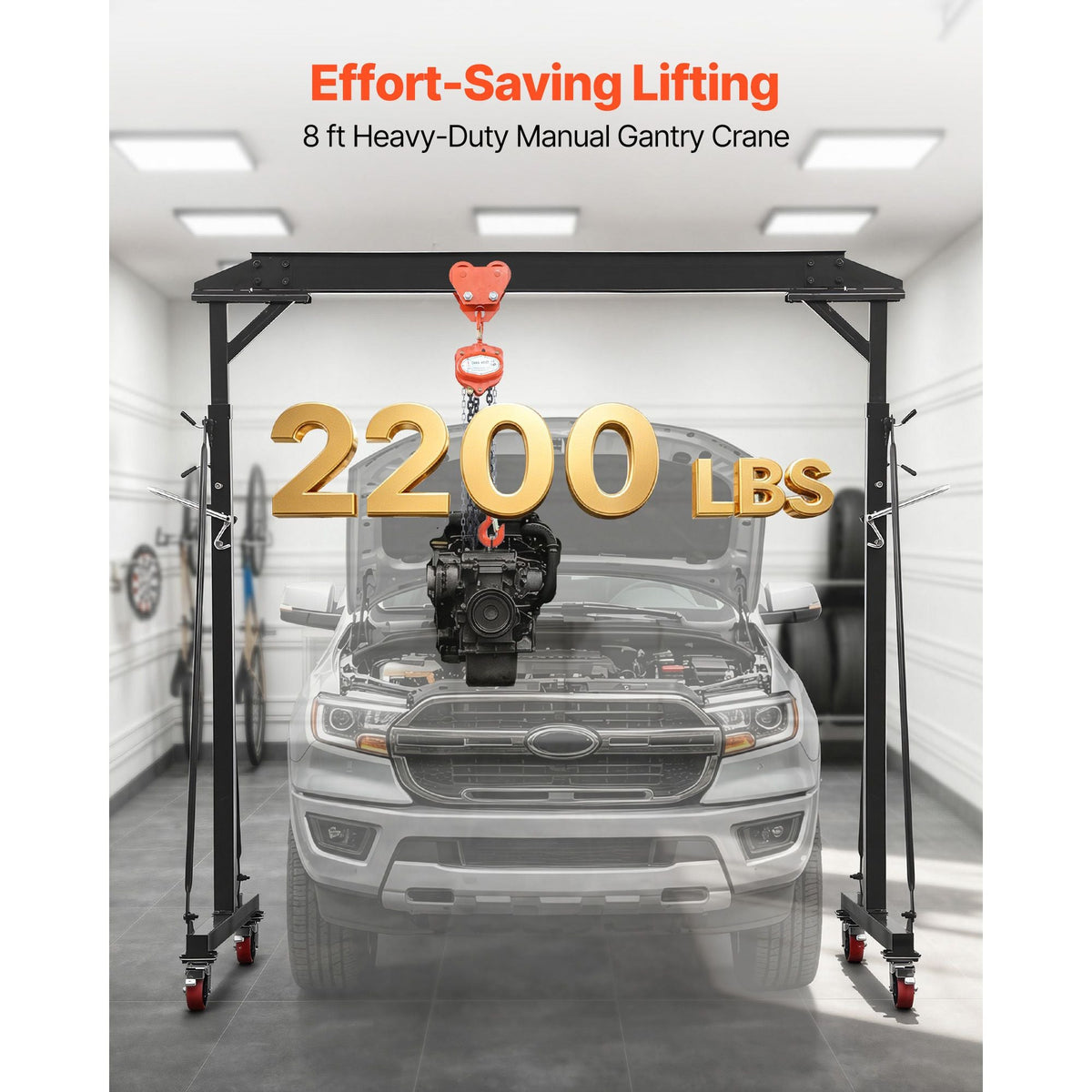 Adjustable Gantry Crane, 2200 lbs Capacity, Portable Shop Lift Hoist with 95.7-142.9 in Height Adjustable, Manual Trolley, Hoist, Sling, Shackles, Hooks, for Garage Factory Warehouse Auto Repair