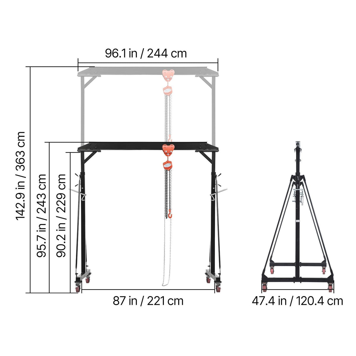 Adjustable Gantry Crane, 2200 lbs Capacity, Portable Shop Lift Hoist with 95.7-142.9 in Height Adjustable, Manual Trolley, Hoist, Sling, Shackles, Hooks, for Garage Factory Warehouse Auto Repair