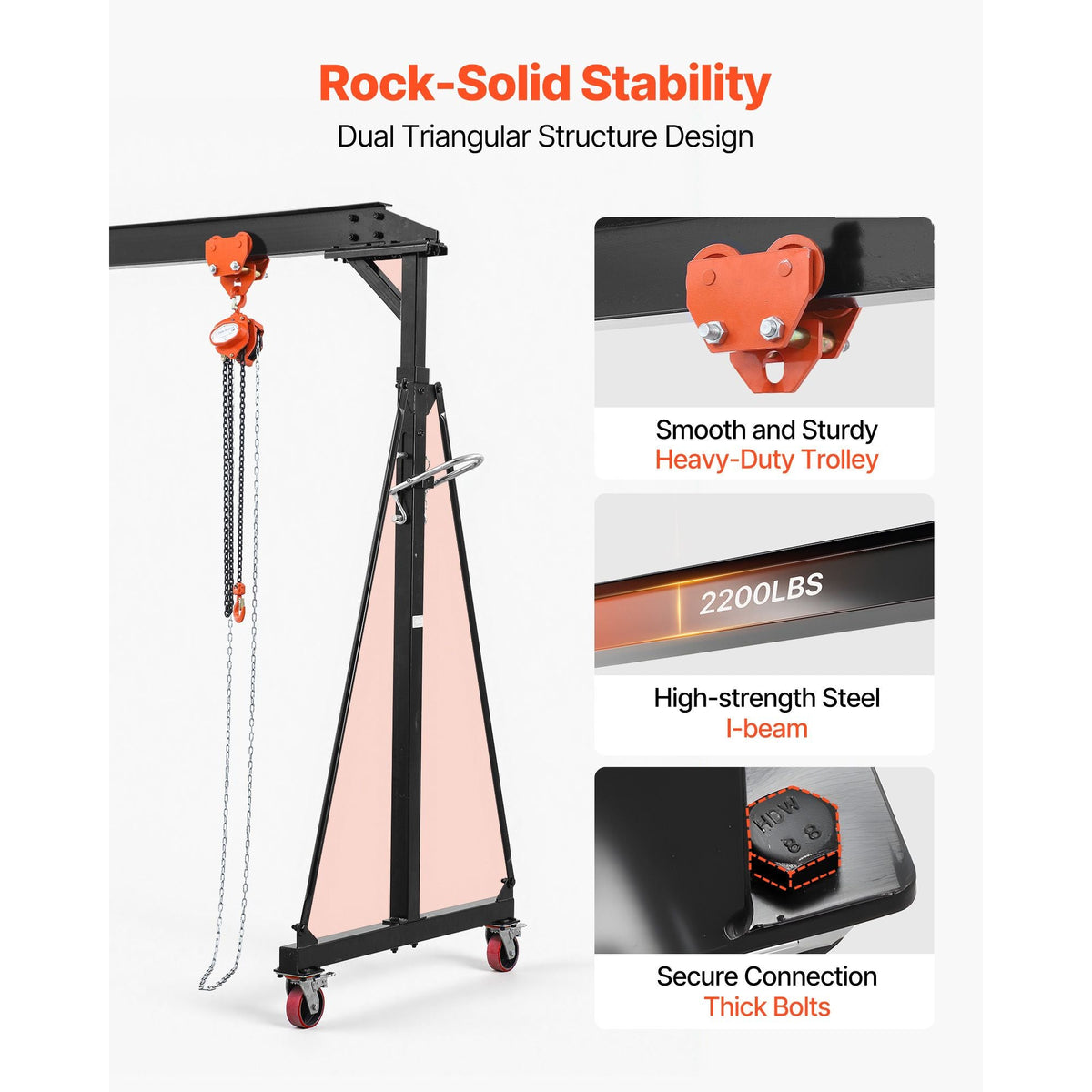 Adjustable Gantry Crane, 2200 lbs Capacity, Portable Shop Lift Hoist with 95.7-142.9 in Height Adjustable, Manual Trolley, Hoist, Sling, Shackles, Hooks, for Garage Factory Warehouse Auto Repair