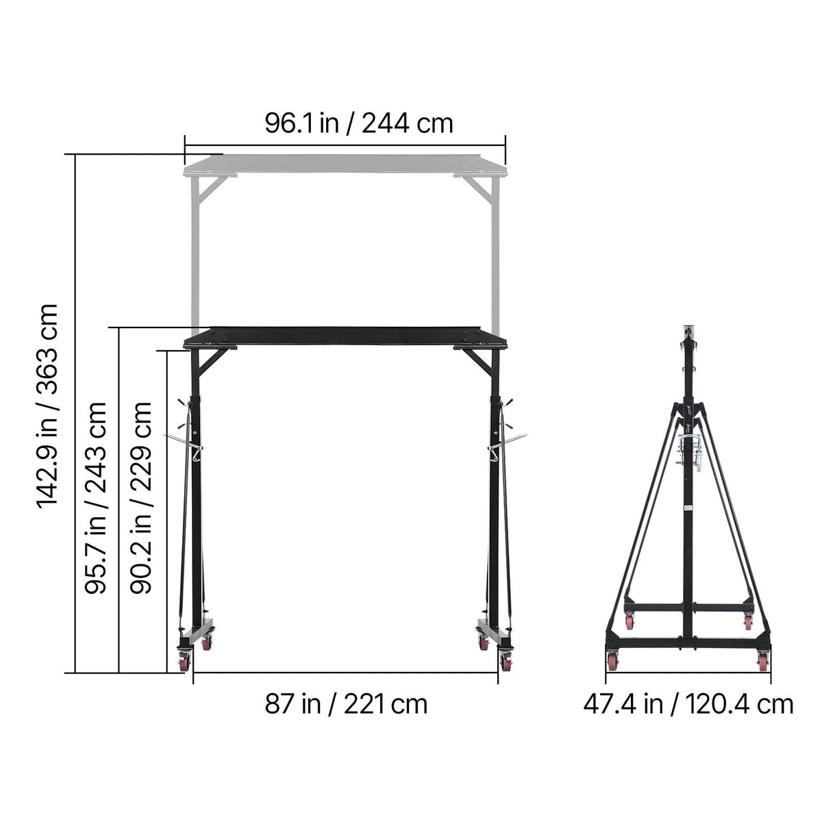 Adjustable Gantry Crane, 2200 lbs Capacity, Portable Shop Lift Hoist with 95.7" to 142.9" Height Adjustable, Locking Wheels, Steel Construction, for Factory, Warehouse, Auto Repair, Frame Only