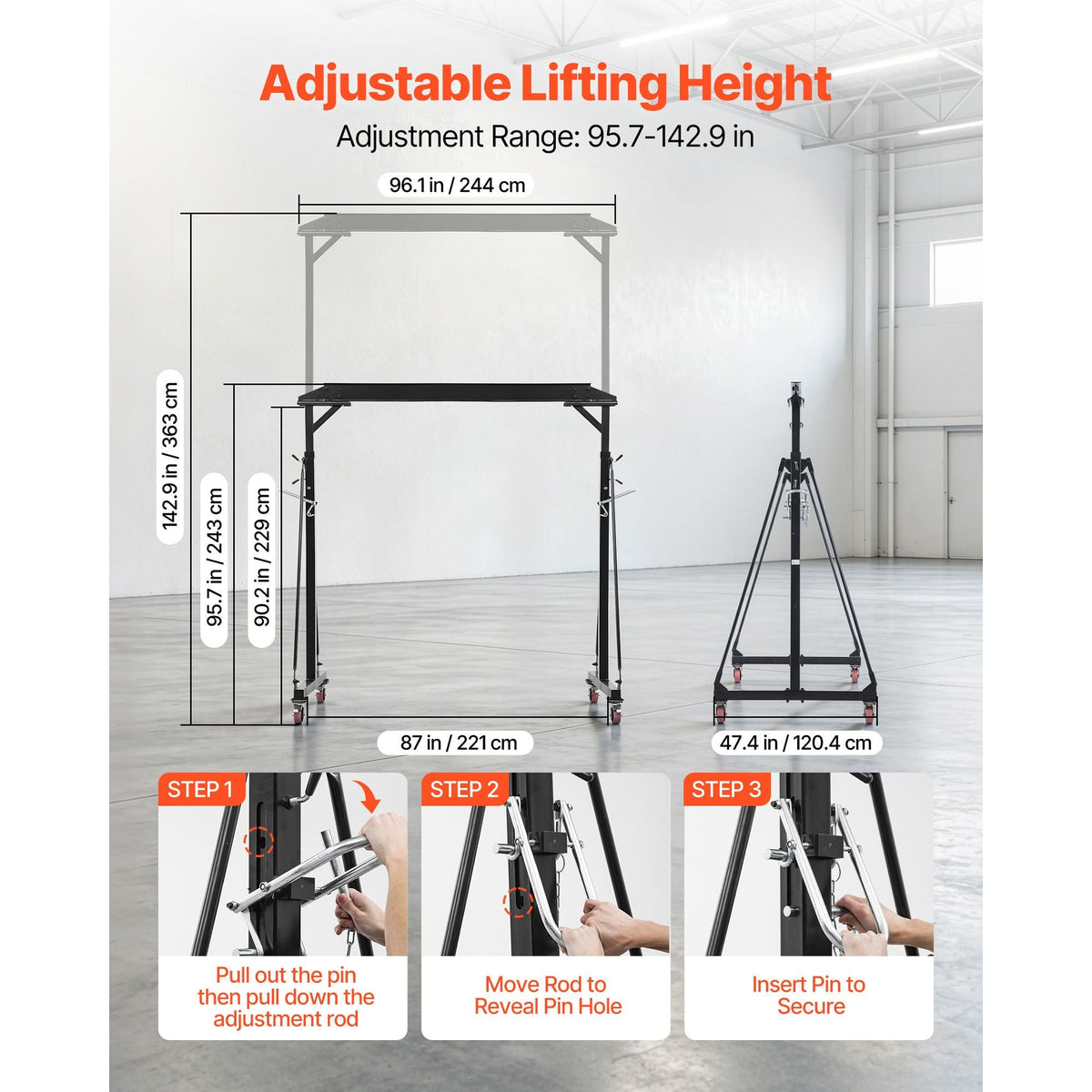 Adjustable Gantry Crane, 2200 lbs Capacity, Portable Shop Lift Hoist with 95.7" to 142.9" Height Adjustable, Locking Wheels, Steel Construction, for Factory, Warehouse, Auto Repair, Frame Only