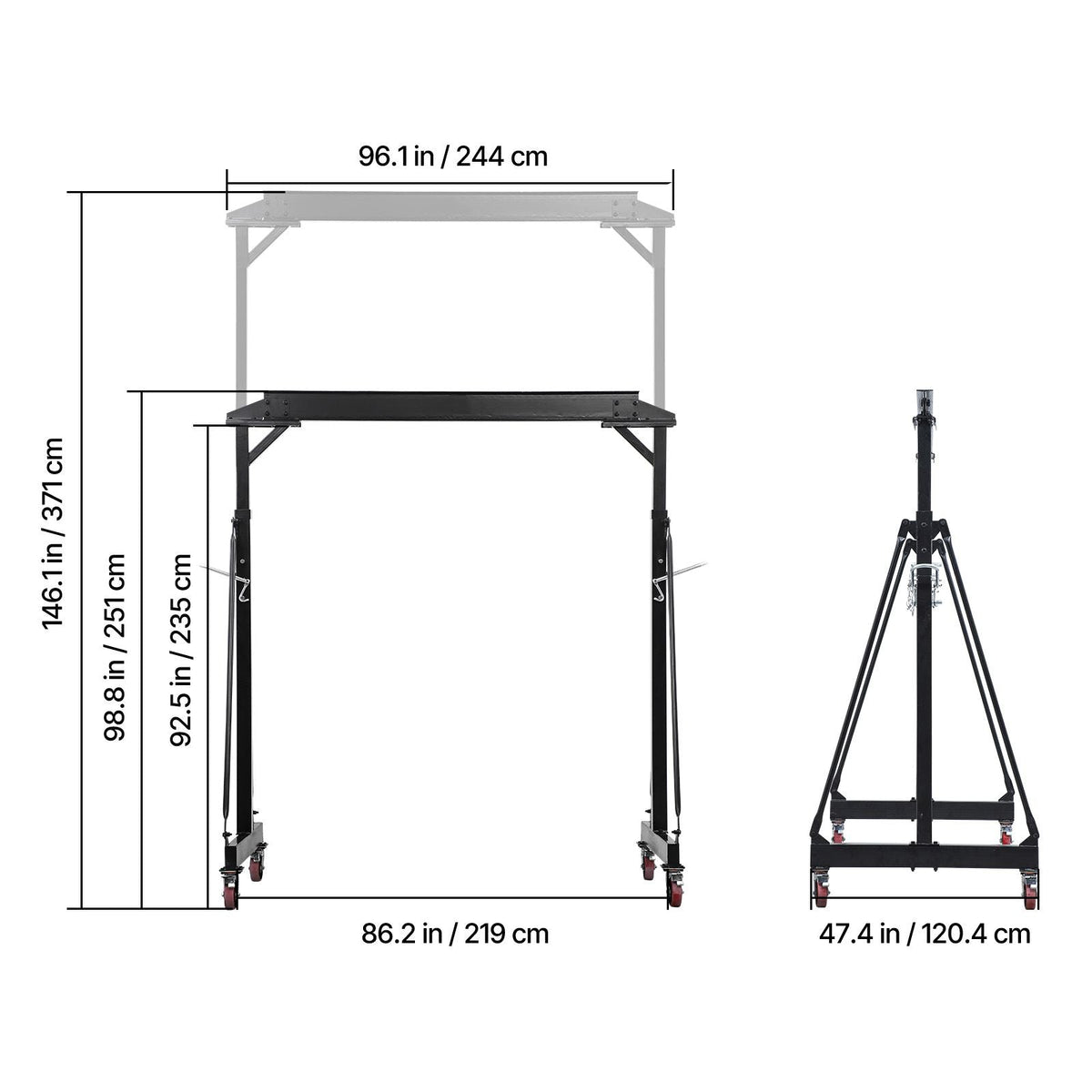 Adjustable Gantry Crane, 4400 lbs Capacity, Portable Shop Lift Hoist with 98.8" to 146.1" Height Adjustable, Locking Wheels, Steel Construction, for Factory, Warehouse, Auto Repair, Frame Only