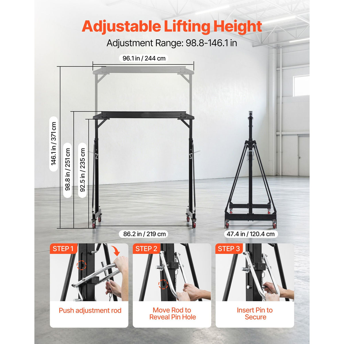 Adjustable Gantry Crane, 4400 lbs Capacity, Portable Shop Lift Hoist with 98.8" to 146.1" Height Adjustable, Locking Wheels, Steel Construction, for Factory, Warehouse, Auto Repair, Frame Only