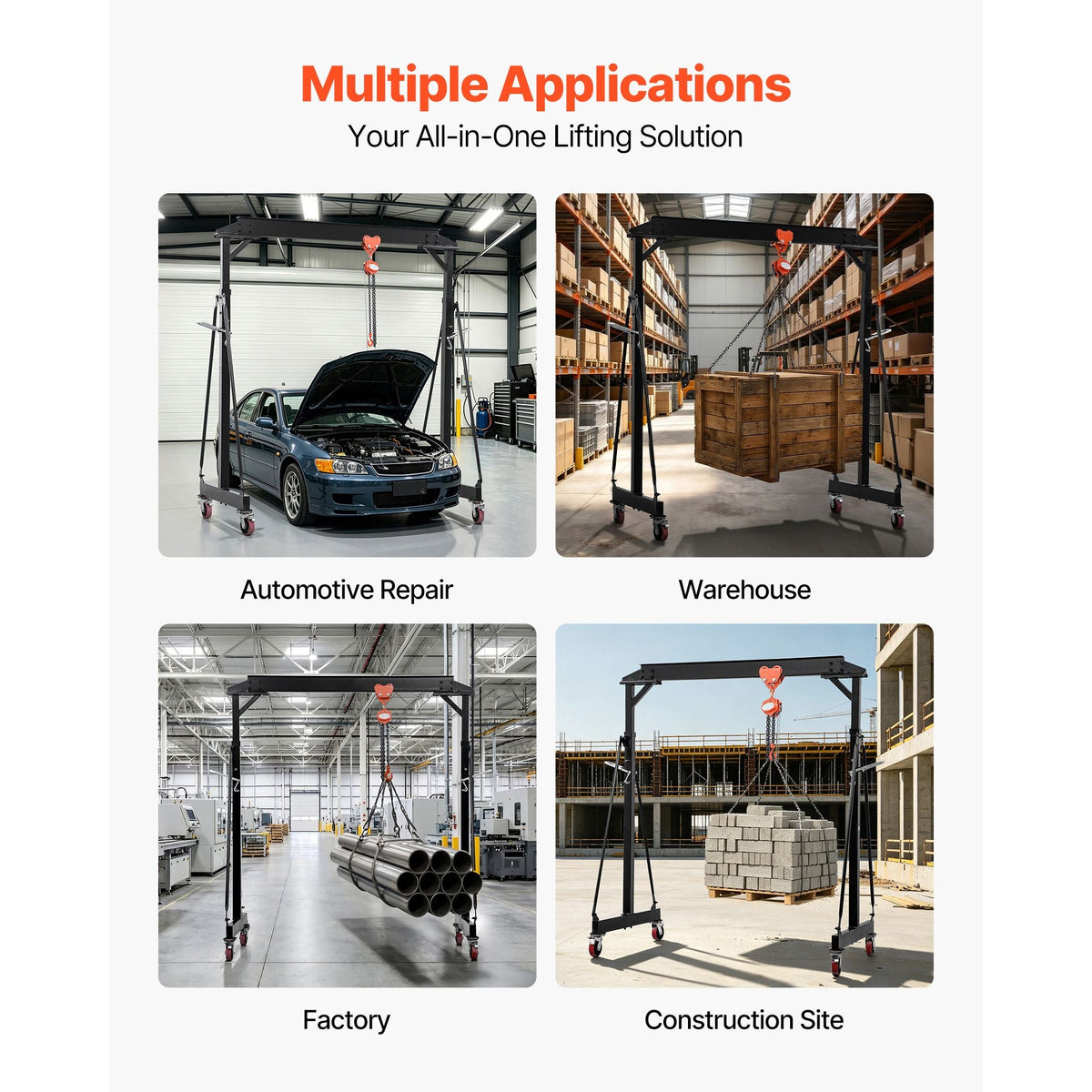 Adjustable Gantry Crane, 4400 lbs Capacity, Portable Shop Lift Hoist with 98.8" to 146.1" Height Adjustable, Locking Wheels, Steel Construction, for Factory, Warehouse, Auto Repair, Frame Only