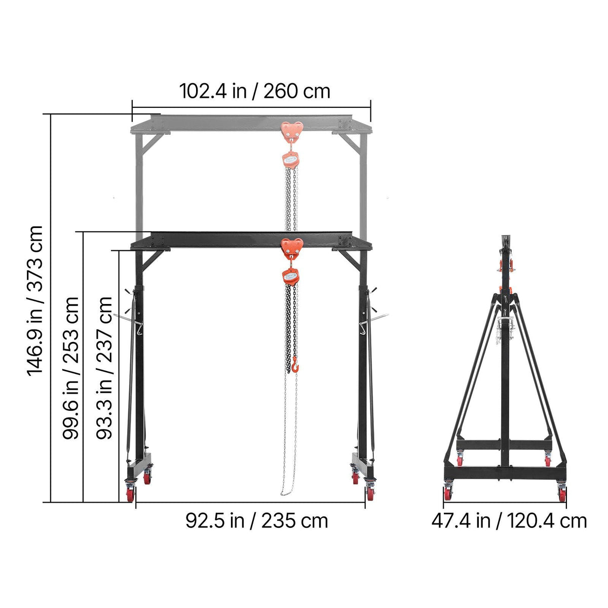 Adjustable Gantry Crane, 4400 lbs Capacity, Portable Shop Lift Hoist with 99.6-146.9 in Height Adjustable, Manual Trolley, Hoist, Sling, Shackles, Hooks, for Garage Factory Warehouse Auto Repair