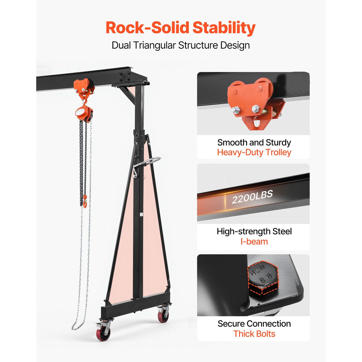Adjustable Gantry Crane, 4400 lbs Capacity, Portable Shop Lift Hoist with 99.6-146.9 in Height Adjustable, Manual Trolley, Hoist, Sling, Shackles, Hooks, for Garage Factory Warehouse Auto Repair