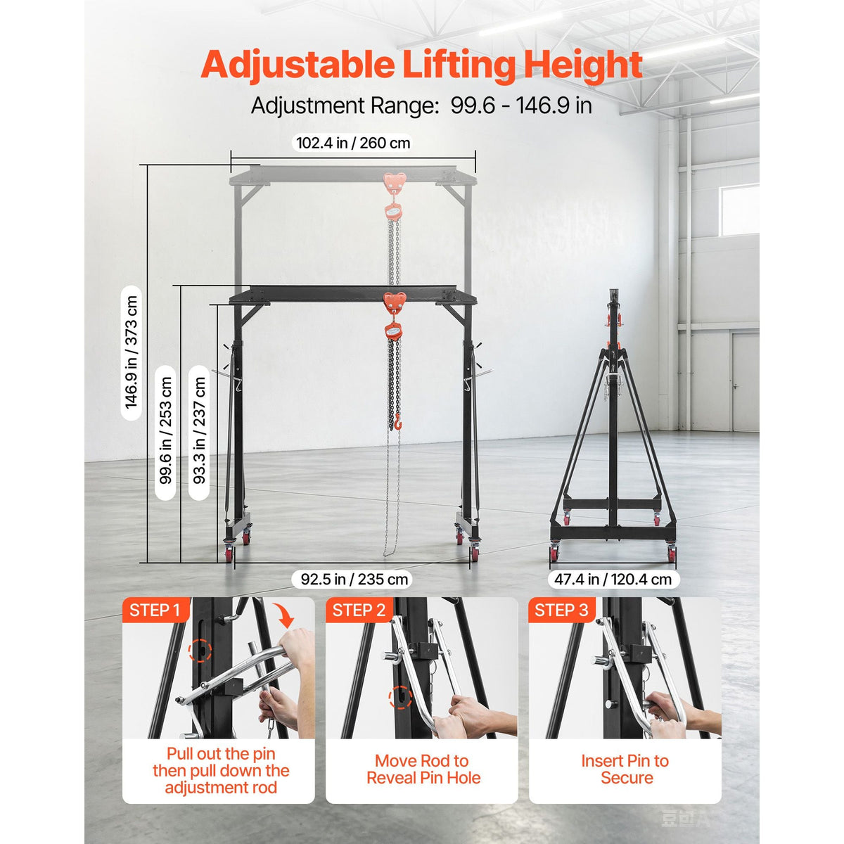 Adjustable Gantry Crane, 4400 lbs Capacity, Portable Shop Lift Hoist with 99.6-146.9 in Height Adjustable, Manual Trolley, Hoist, Sling, Shackles, Hooks, for Garage Factory Warehouse Auto Repair
