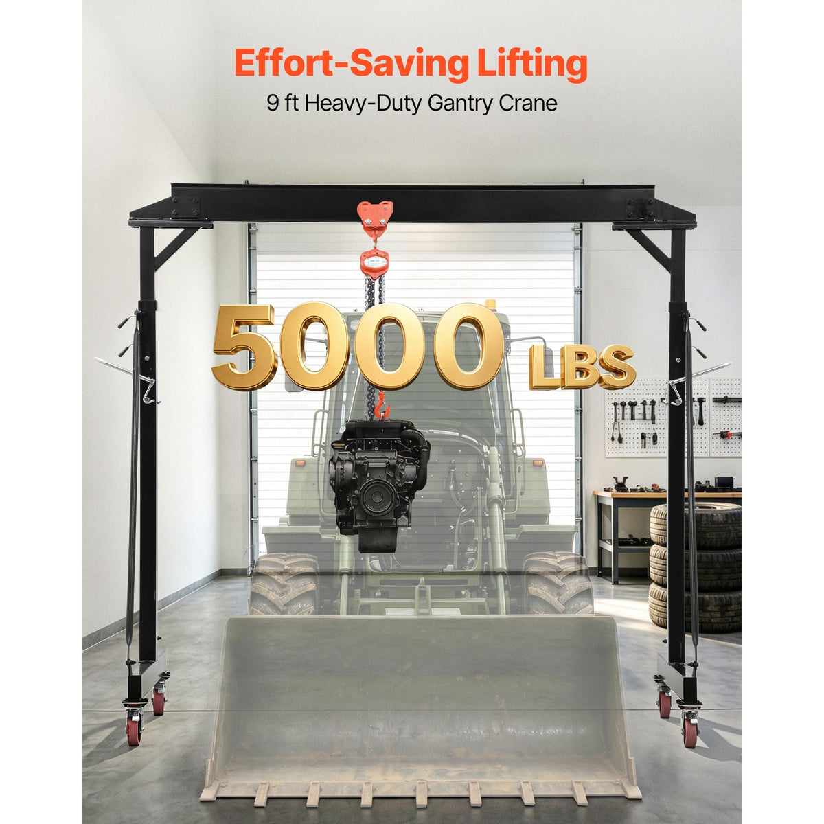 Adjustable Gantry Crane, 5000 lbs Capacity, Portable Shop Lift Hoist with 100.4-147.6 in Height Adjustable, Manual Trolley, Locking Wheels, Steel Construction, for Factory Warehouse Auto Repair