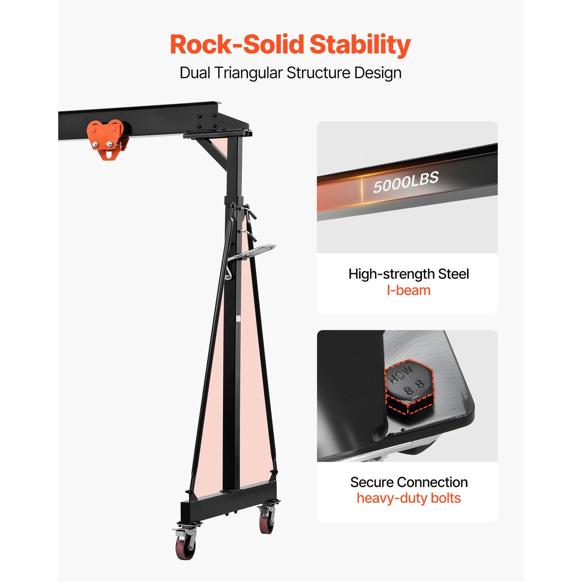 Adjustable Gantry Crane, 5000 lbs Capacity, Portable Shop Lift Hoist with 100.4-147.6 in Height Adjustable, Manual Trolley, Locking Wheels, Steel Construction, for Factory Warehouse Auto Repair