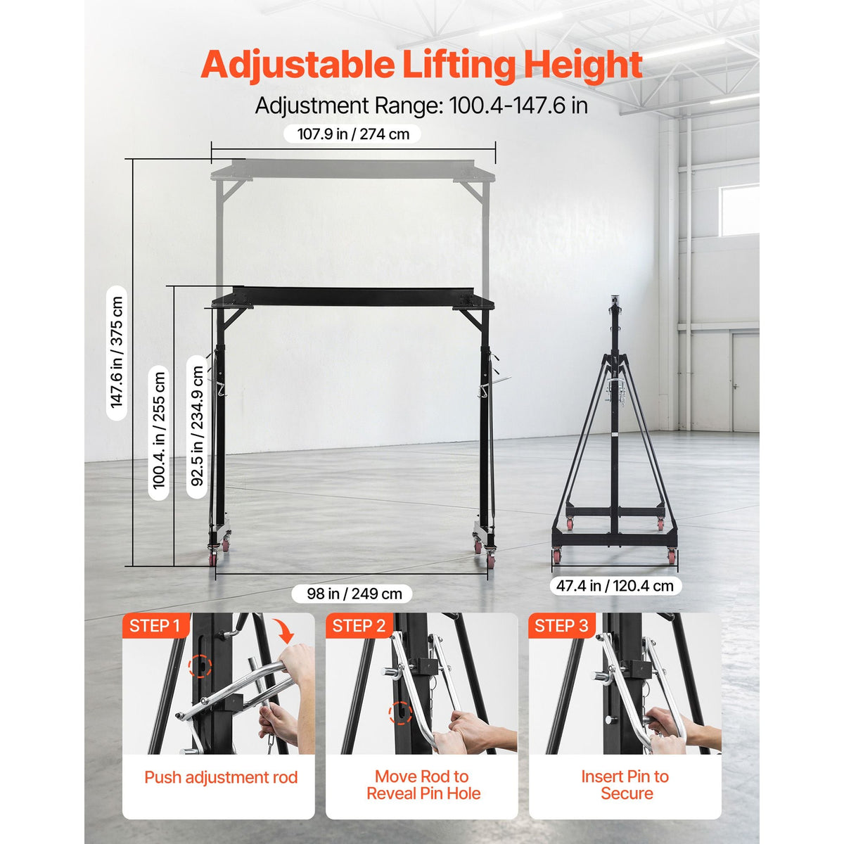 Adjustable Gantry Crane, 5000 lbs Capacity, Portable Shop Lift Hoist with 100.4-147.6 in Height Adjustable, Manual Trolley, Locking Wheels, Steel Construction, for Factory Warehouse Auto Repair