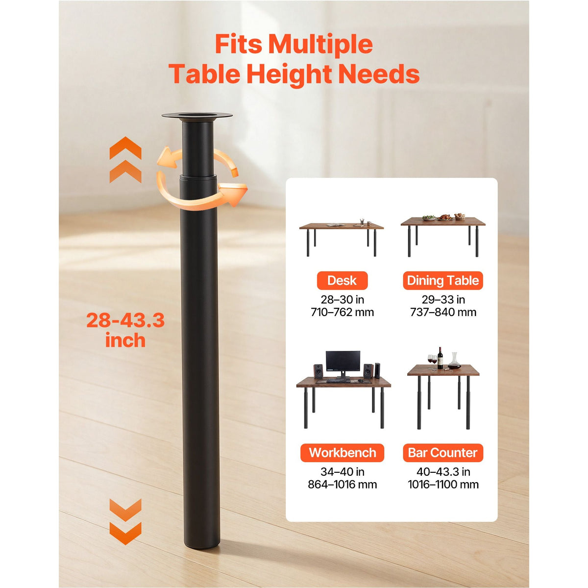 Adjustable Table Legs, 28-43.3 in Steel Furniture Legs, 1200 lbs Max Load Heavy Duty, Quick Installation, Ideal for Home Office Desk DIY, Coffee Dinner Bar Tables, Workbenches, Set of 4, Black