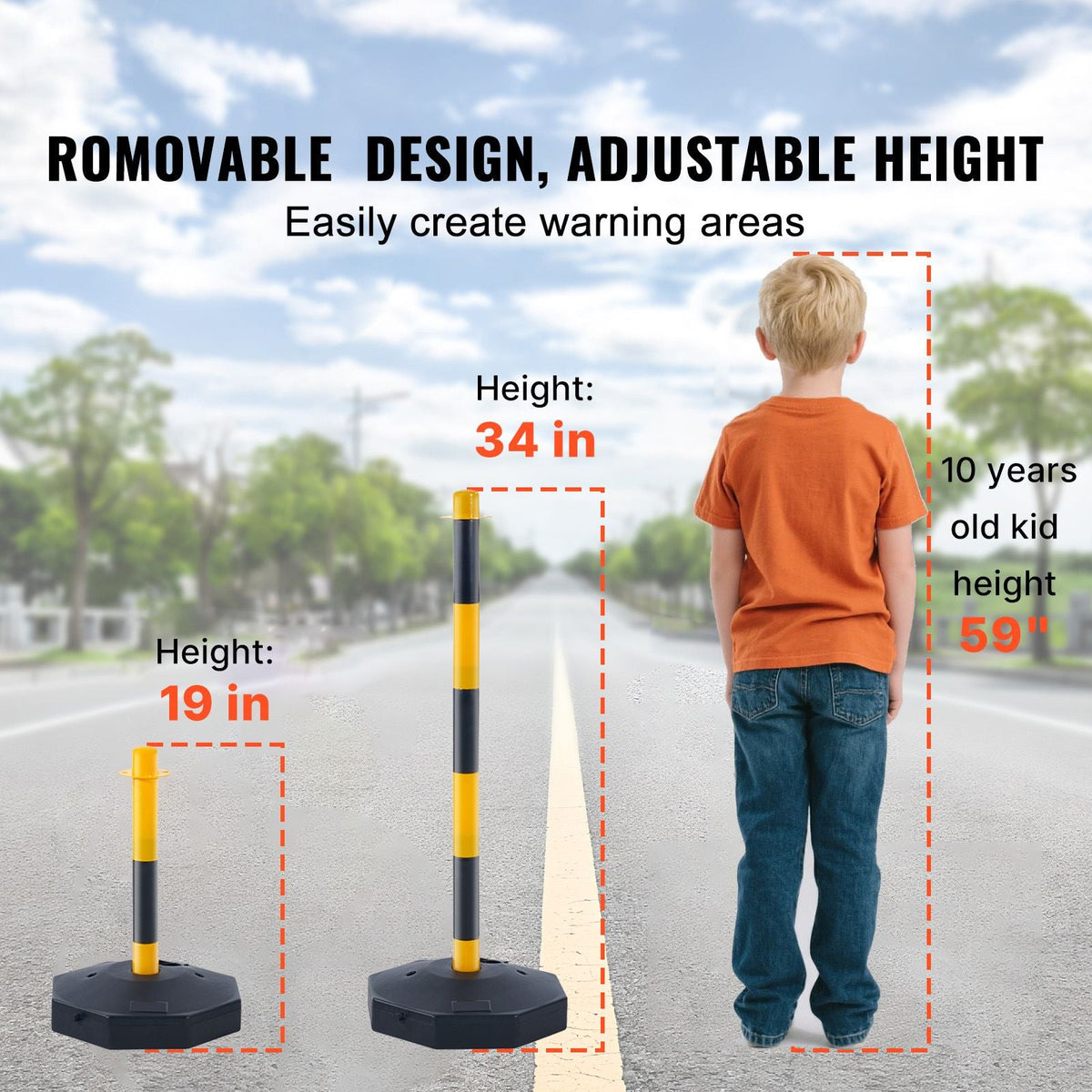 Adjustable Traffic Delineator Post Cones, 2 Pack, Traffic Safety Delineator Barrier with Fillable Base 8FT Chain, for Traffic Control Warning Parking Lot Construction Caution Roads, Yellow&Black