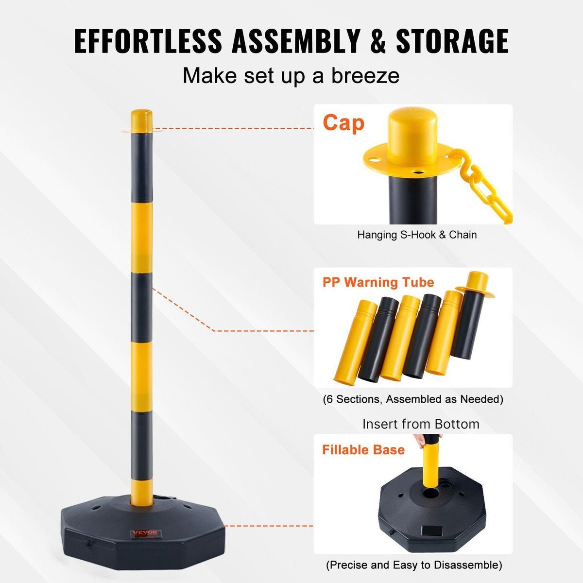 Adjustable Traffic Delineator Post Cones, 2 Pack, Traffic Safety Delineator Barrier with Fillable Base 8FT Chain, for Traffic Control Warning Parking Lot Construction Caution Roads, Yellow&Black