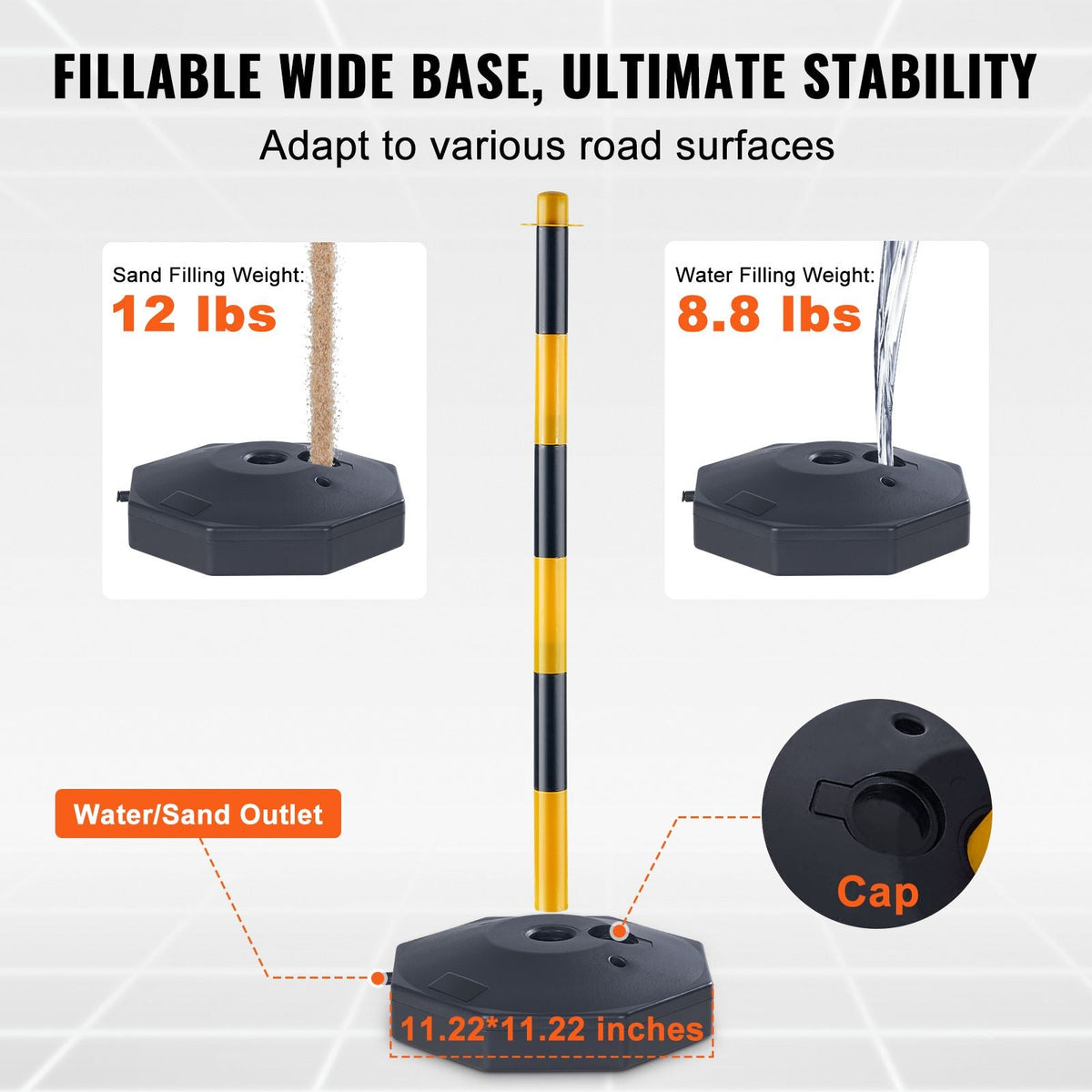 Adjustable Traffic Delineator Post Cones, 2 Pack, Traffic Safety Delineator Barrier with Fillable Base 8FT Chain, for Traffic Control Warning Parking Lot Construction Caution Roads, Yellow&Black