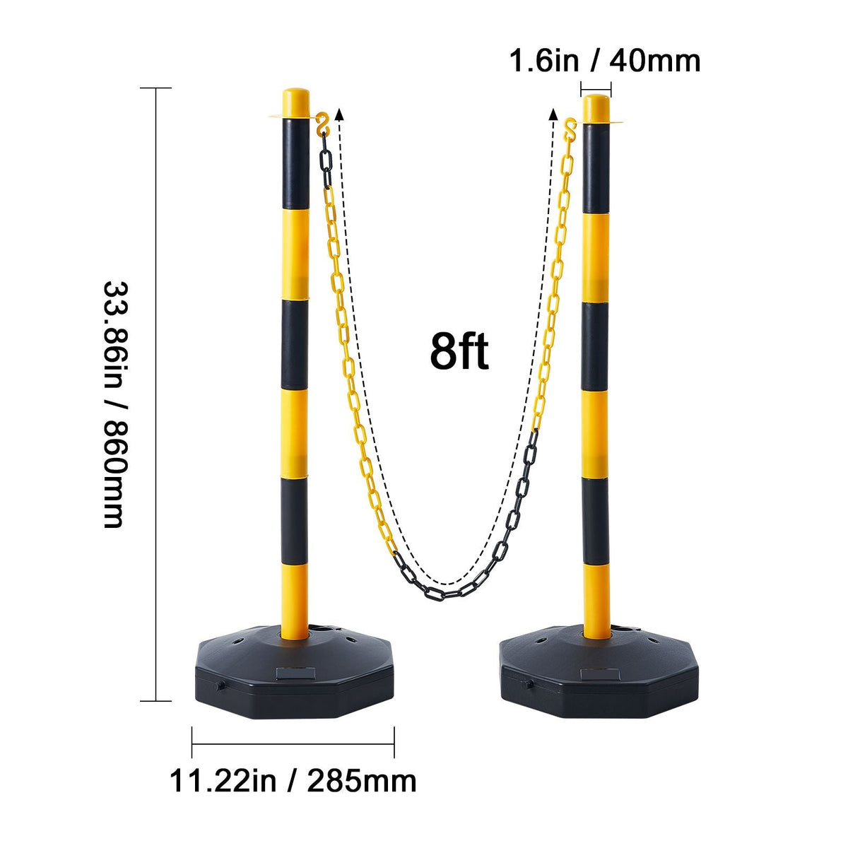 Adjustable Traffic Delineator Post Cones, 2 Pack, Traffic Safety Delineator Barrier with Fillable Base 8FT Chain, for Traffic Control Warning Parking Lot Construction Caution Roads, Yellow&Black