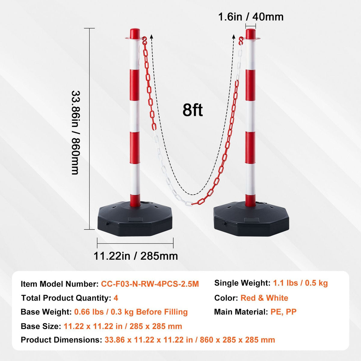 Adjustable Traffic Delineator Post Cones, 4 Pack, Traffic Safety Delineator Barrier with Fillable Base 8FT Chain, for Traffic Control Warning Parking Lot Construction Caution Roads, Red & White