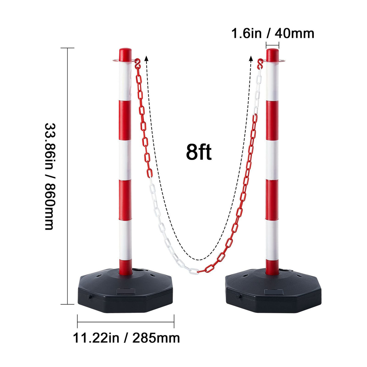 Adjustable Traffic Delineator Post Cones, 4 Pack, Traffic Safety Delineator Barrier with Fillable Base 8FT Chain, for Traffic Control Warning Parking Lot Construction Caution Roads, Red & White