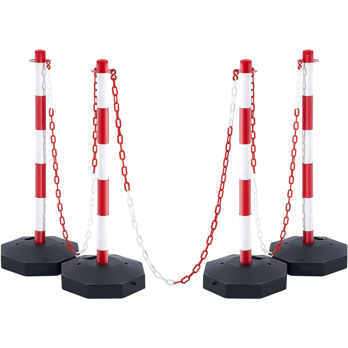 Adjustable Traffic Delineator Post Cones, 4 Pack, Traffic Safety Delineator Barrier with Fillable Base 8FT Chain, for Traffic Control Warning Parking Lot Construction Caution Roads, Red & White