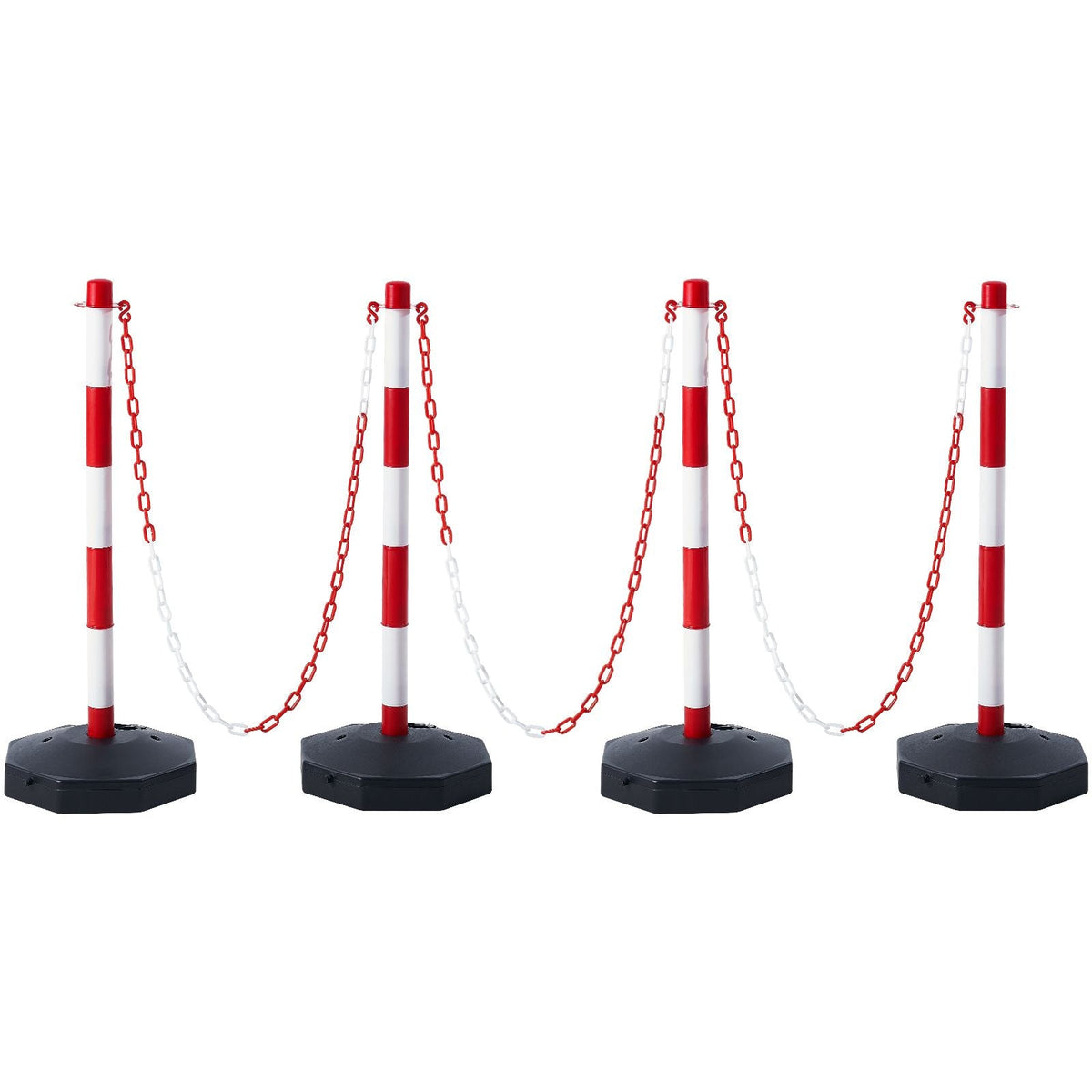 Adjustable Traffic Delineator Post Cones, 4 Pack, Traffic Safety Delineator Barrier with Fillable Base 8FT Chain, for Traffic Control Warning Parking Lot Construction Caution Roads, Red & White