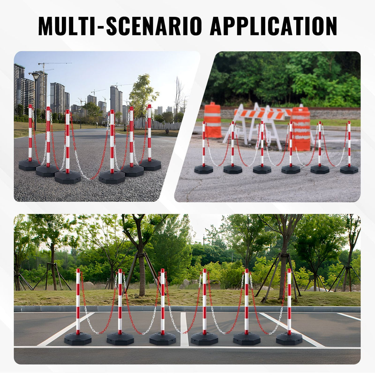 Adjustable Traffic Delineator Post Cones, 6 Pack, Traffic Safety Delineator Barrier with Fillable Base 6.6FT Chain, for Traffic Control Warning Parking Lot Construction Caution Roads, Red&White