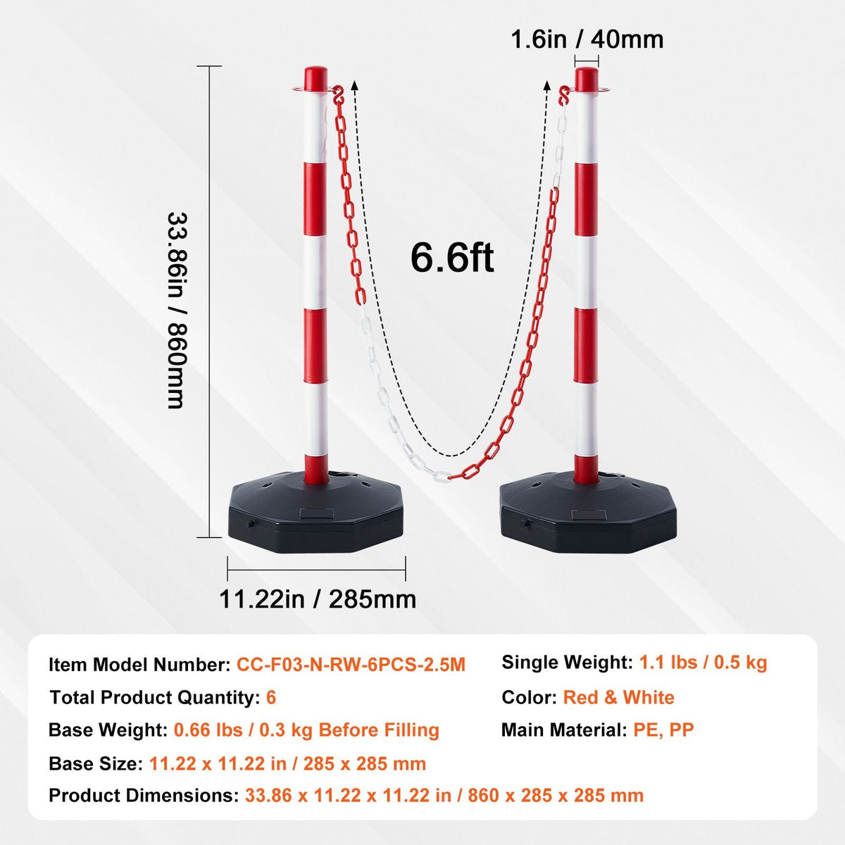 Adjustable Traffic Delineator Post Cones, 6 Pack, Traffic Safety Delineator Barrier with Fillable Base 6.6FT Chain, for Traffic Control Warning Parking Lot Construction Caution Roads, Red&White