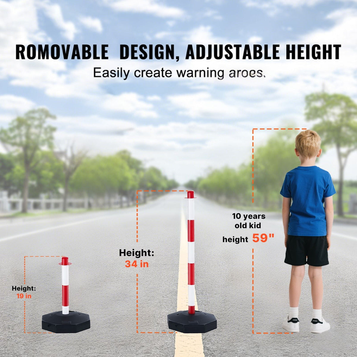 Adjustable Traffic Delineator Post Cones, 6 Pack, Traffic Safety Delineator Barrier with Fillable Base 6.6FT Chain, for Traffic Control Warning Parking Lot Construction Caution Roads, Red&White