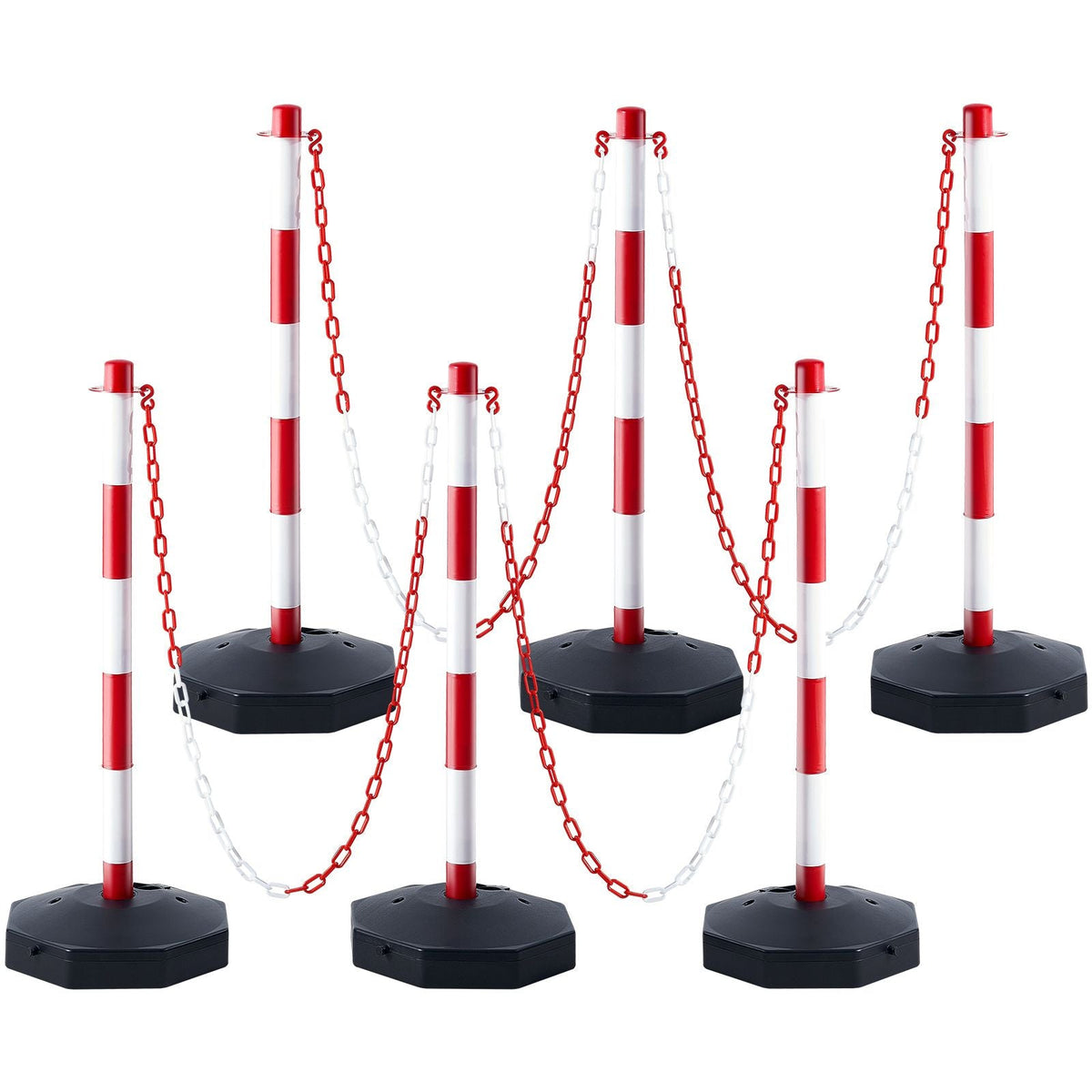 Adjustable Traffic Delineator Post Cones, 6 Pack, Traffic Safety Delineator Barrier with Fillable Base 6.6FT Chain, for Traffic Control Warning Parking Lot Construction Caution Roads, Red&White