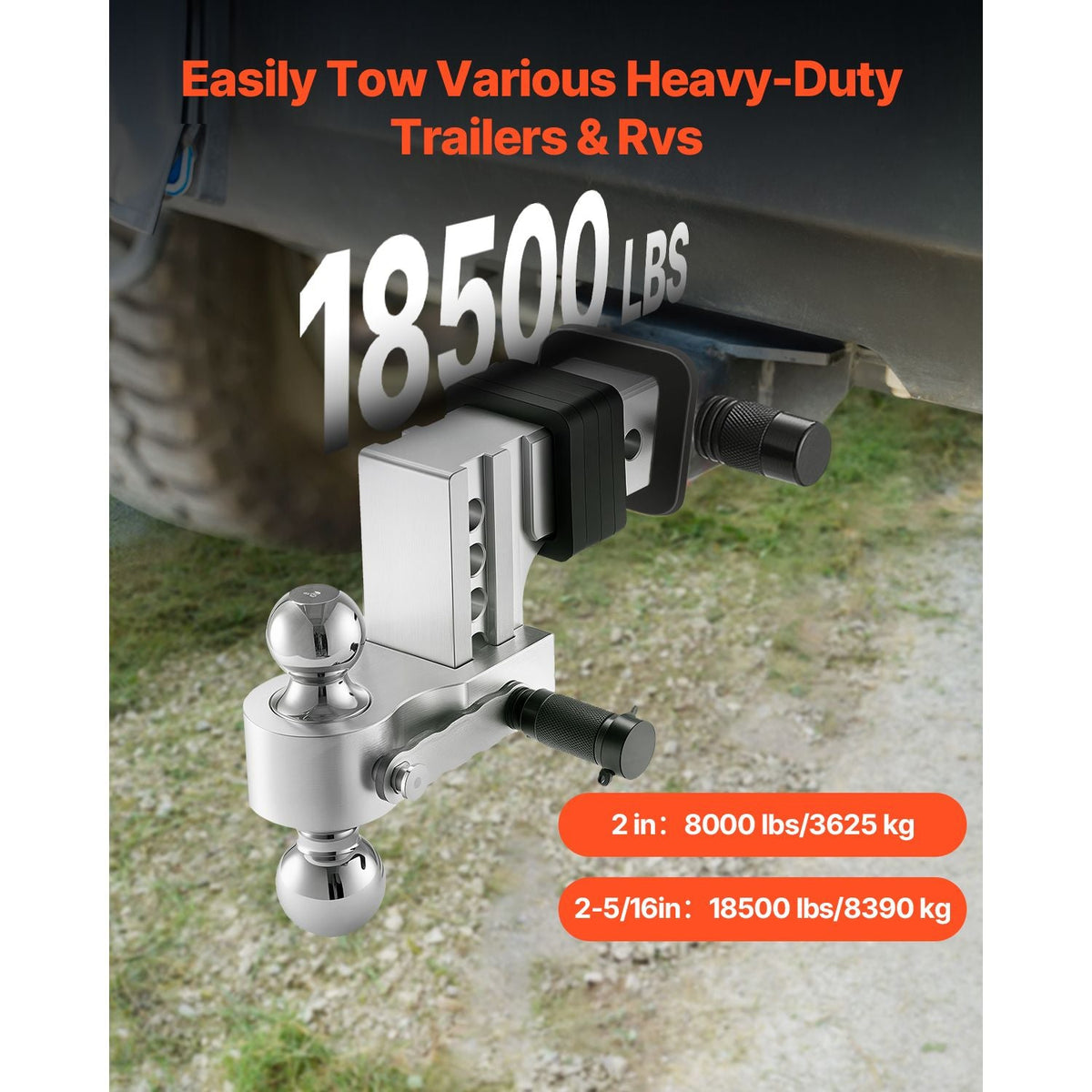 Adjustable Trailer Hitch, 4-Inch Drop Hitch Ball Mount, Fit 2.5-Inch Receiver, Heavy Duty Aluminum Alloy Tow Hitch with 2" & 2-5/16" Balls, 18500 lbs GTW, Receiver Hitch with Anti-theft Pin