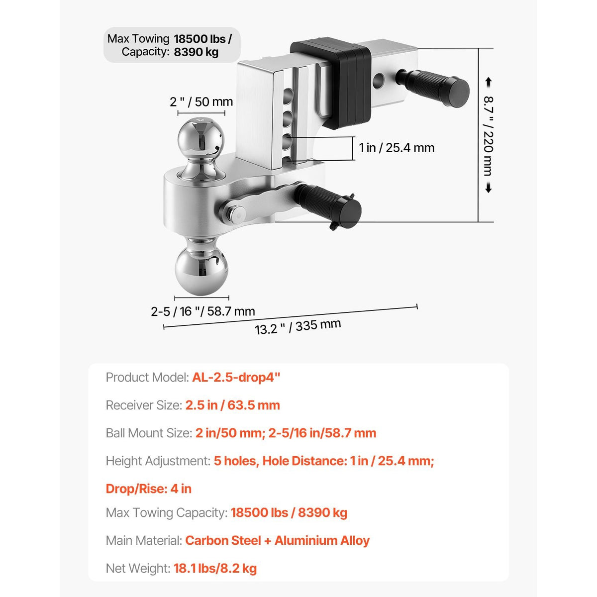 Adjustable Trailer Hitch, 4-Inch Drop Hitch Ball Mount, Fit 2.5-Inch Receiver, Heavy Duty Aluminum Alloy Tow Hitch with 2" & 2-5/16" Balls, 18500 lbs GTW, Receiver Hitch with Anti-theft Pin