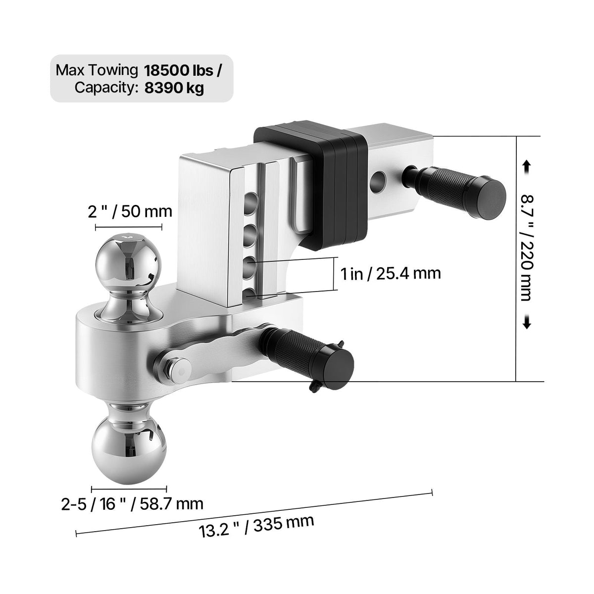 Adjustable Trailer Hitch, 4-Inch Drop Hitch Ball Mount, Fit 2.5-Inch Receiver, Heavy Duty Aluminum Alloy Tow Hitch with 2" & 2-5/16" Balls, 18500 lbs GTW, Receiver Hitch with Anti-theft Pin