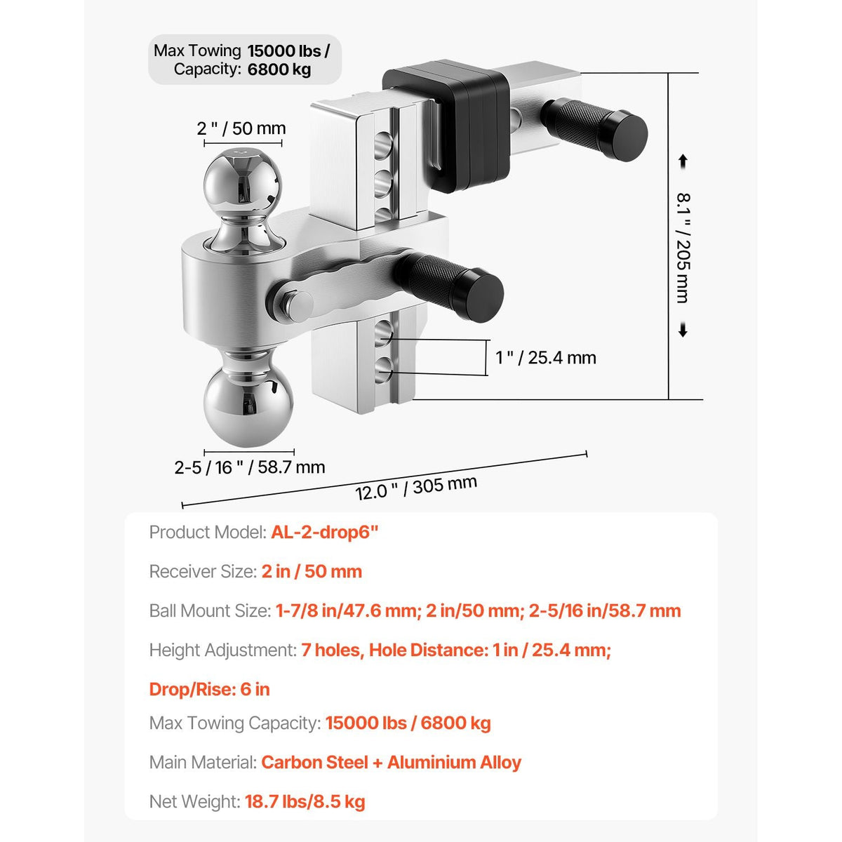 Adjustable Trailer Hitch, 6-Inch Drop Hitch, Tri-Ball Mount for 2-Inch Hitch Receiver, Trailer Ball Size 1-7/8", 2" and 2-5/16", Max 15000 lbs Ball Hitch, Towing Hitch for RVs, ATVs, and Trucks